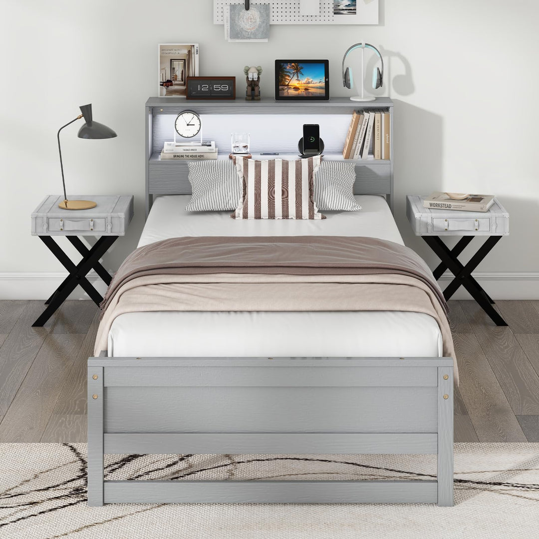 Giantex Twin Bed Frames with Storage Headboard, Wood Platform Bed with Charging Station &amp; LED Light