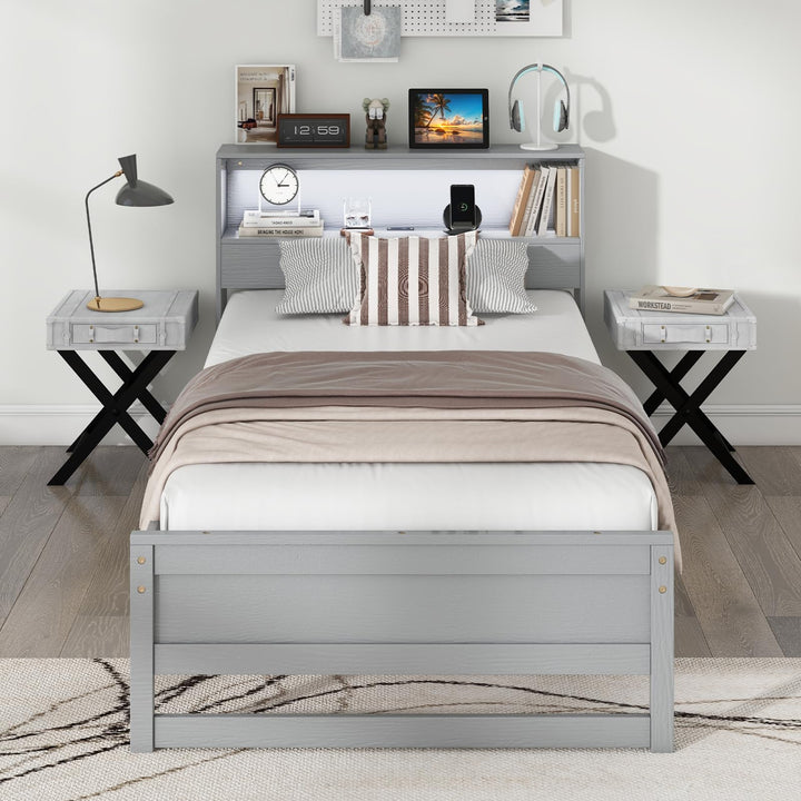 Giantex Twin Bed Frames with Storage Headboard, Wood Platform Bed with Charging Station &amp; LED Light