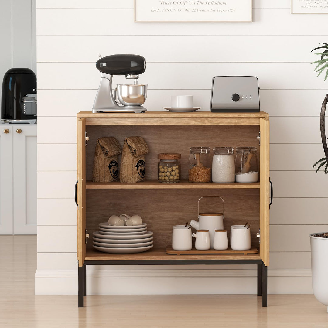 Giantex Sideboard Cabinet Boho Rattan Buffet Cabinet with Storage Adjustable Shelves 2 Doors