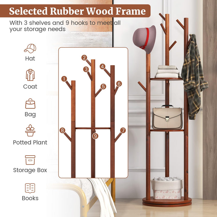 Giantex Coat Rack Freestanding, Wooden Rotary Coat Tree w/ 3 Display Storage Shelves &amp; 9 Hooks