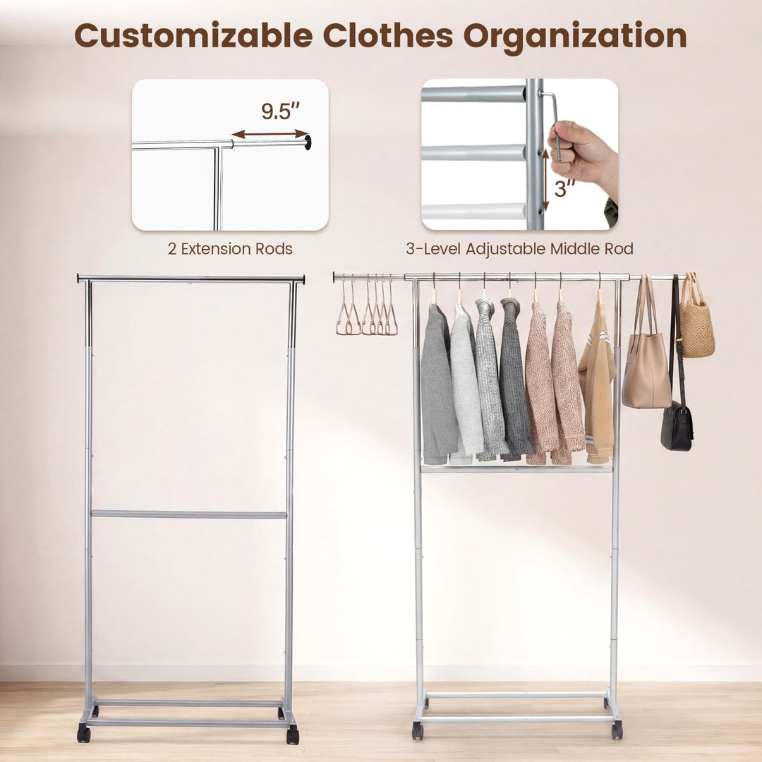 Giantex Extendable Double-Rod Rolling Clothing Rack for Hanging Clothes