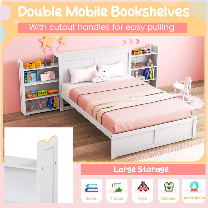 Giantex Full Bed Frame with Twin Trundle, Wooden Bed Wooden Bed Frame with 2 Rolling Bookcases &amp; High Headboard