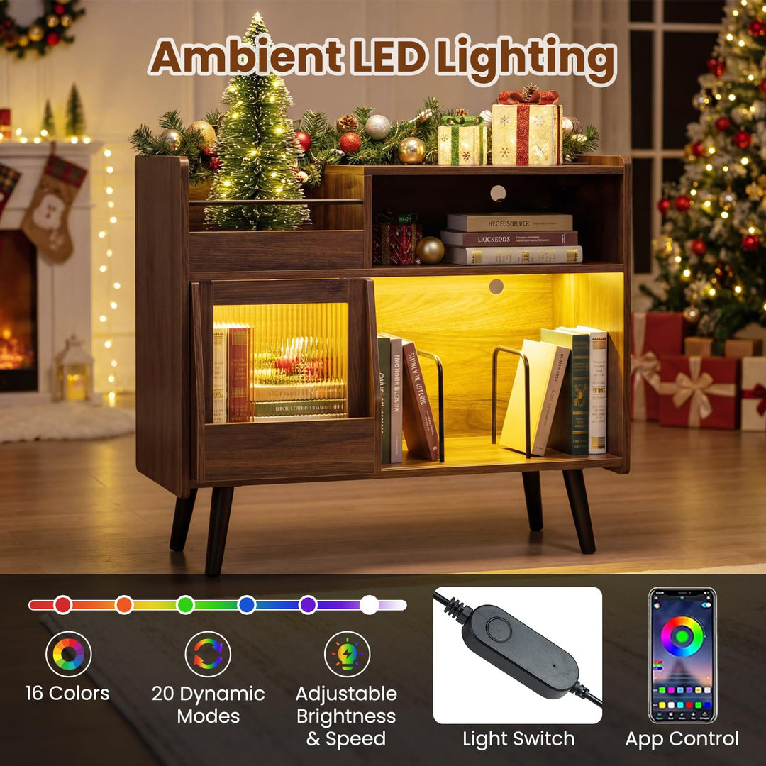 Giantex Record Player Stand with LED Light and Power Outlets Large Turntable Stand with Sliding Door