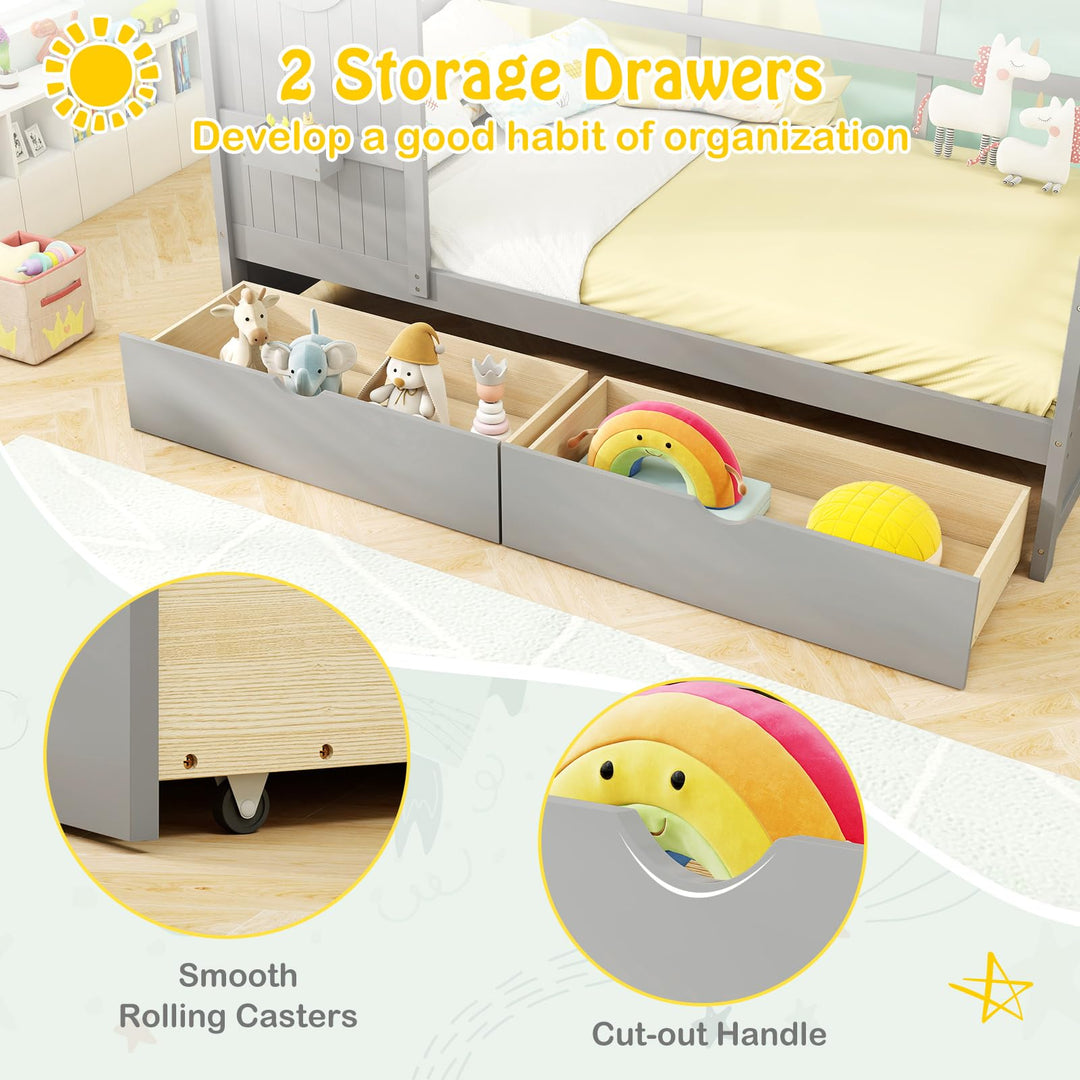 Giantex Twin House Bed with 2 Storage Drawers, Kids Bed Frame with Storage Cubes, Montessori Bed with Fence Guardrails &amp; Roof