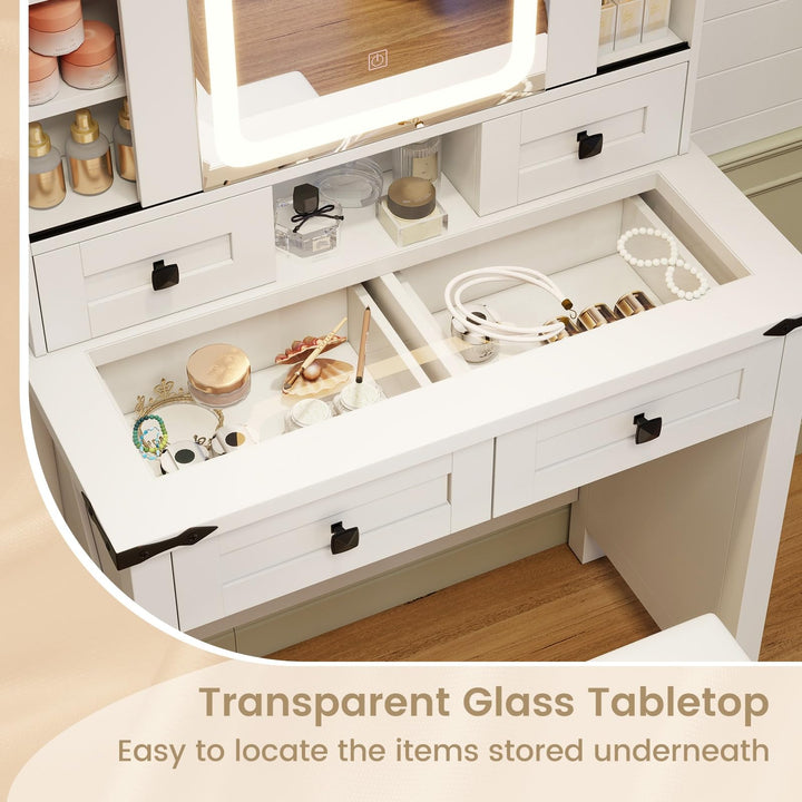 CHARMAID Farmhouse Vanity Desk with Drawers &amp; Shelves, Rustic Vanity Dressing Table with Stool (31" Wide,White)