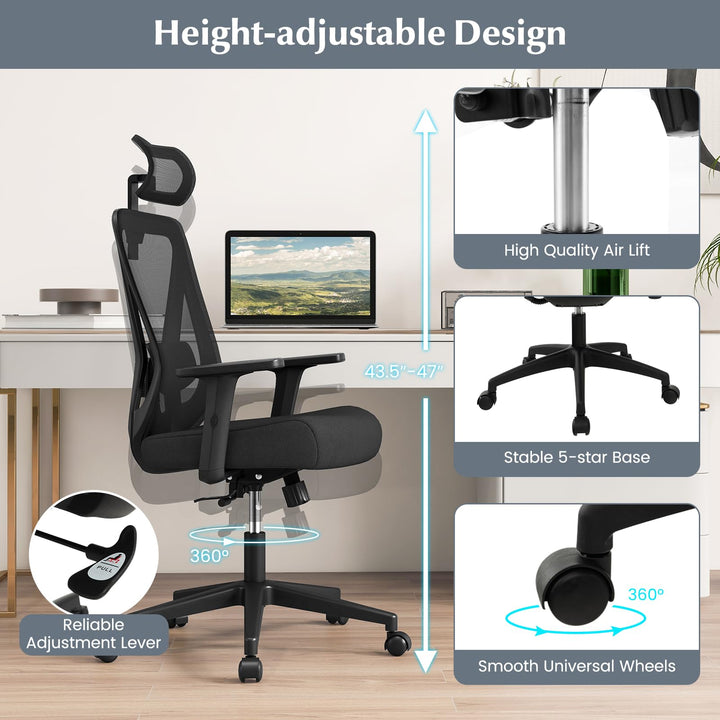 Giantex Ergonomic Mesh Office Chair, Height Adjustable Swivel Task Chair with Reclining Backrest, Adjustable Lumbar Support