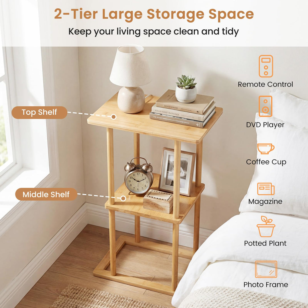 Giantex 2 Pieces Bamboo Side Table with Storage Shelves