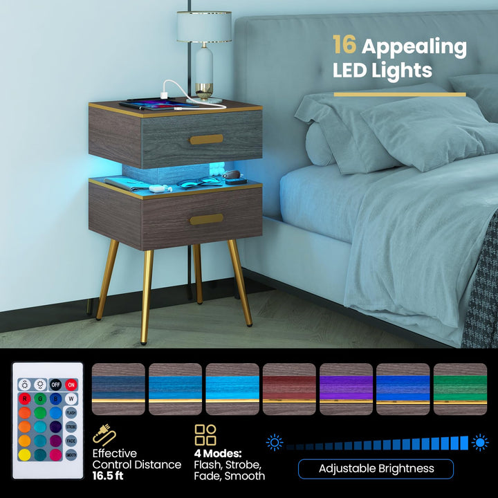 Giantex Nightstand with Charging Station &amp; LED Lights, 28.5" Bedside Table with 2 Drawers