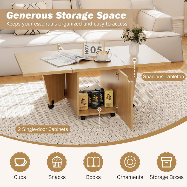 Giantex Folding Coffee Table 48 Inch Drop Leaf Extendable Center Table with Storage Cabinet &amp; Wheels