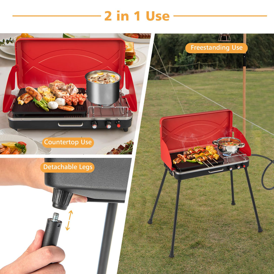 Giantex 2-in-1 Gas Camping Grill and Stove, Portable Propane Grill Burner, Gas Hose with Regulator, 20,000 Total BTUs