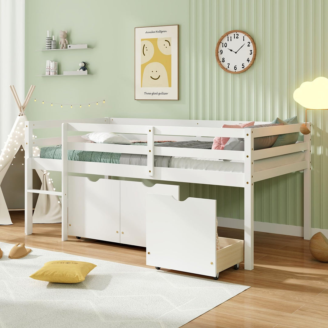 Giantex Twin Low Loft Bed with 3 Drawers, Wooden Loft Bed Frame with Ladder &amp; Full-length Guardrails