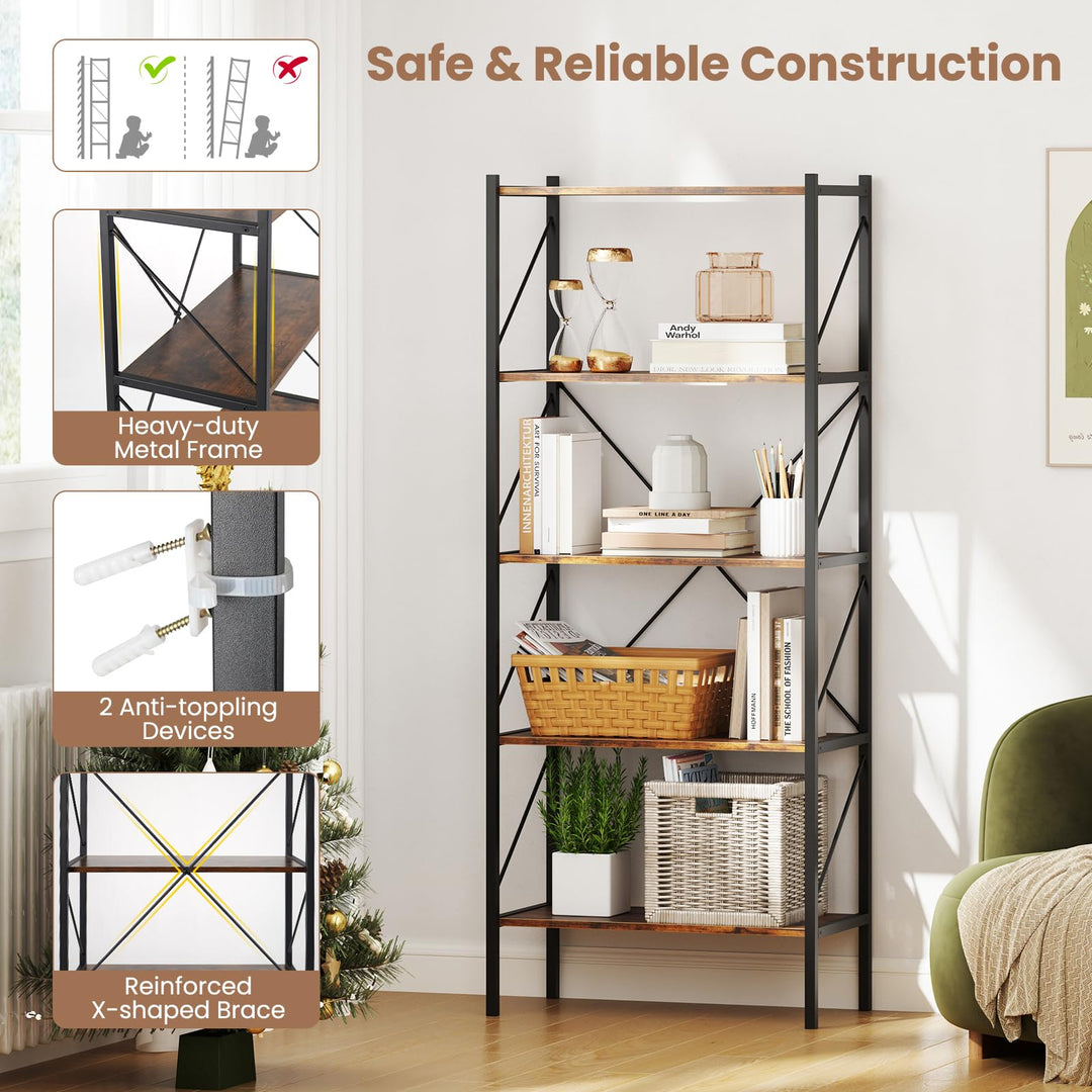 Giantex 5-Tier Bookshelf, Industrial Tall Bookcase with Open Storage Shelves &amp; Heavy Duty Metal Frame