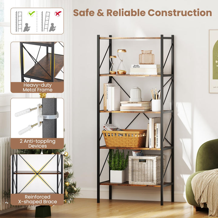 Giantex 5-Tier Bookshelf, Industrial Tall Bookcase with Open Storage Shelves &amp; Heavy Duty Metal Frame
