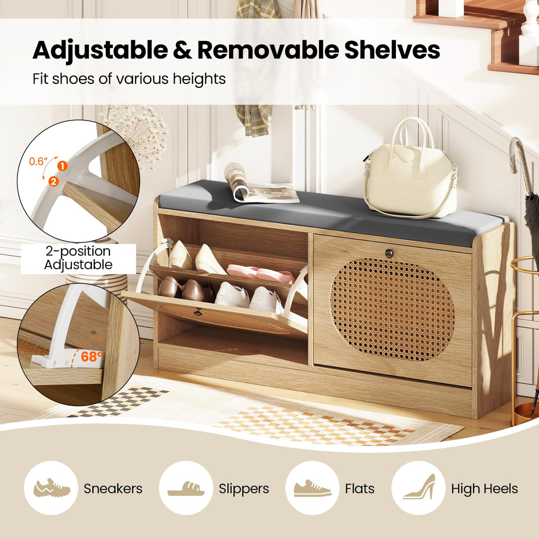 Giantex Rattan Shoe Storage Bench with 2 Flip Drawers &amp; Padded Seat Cushion