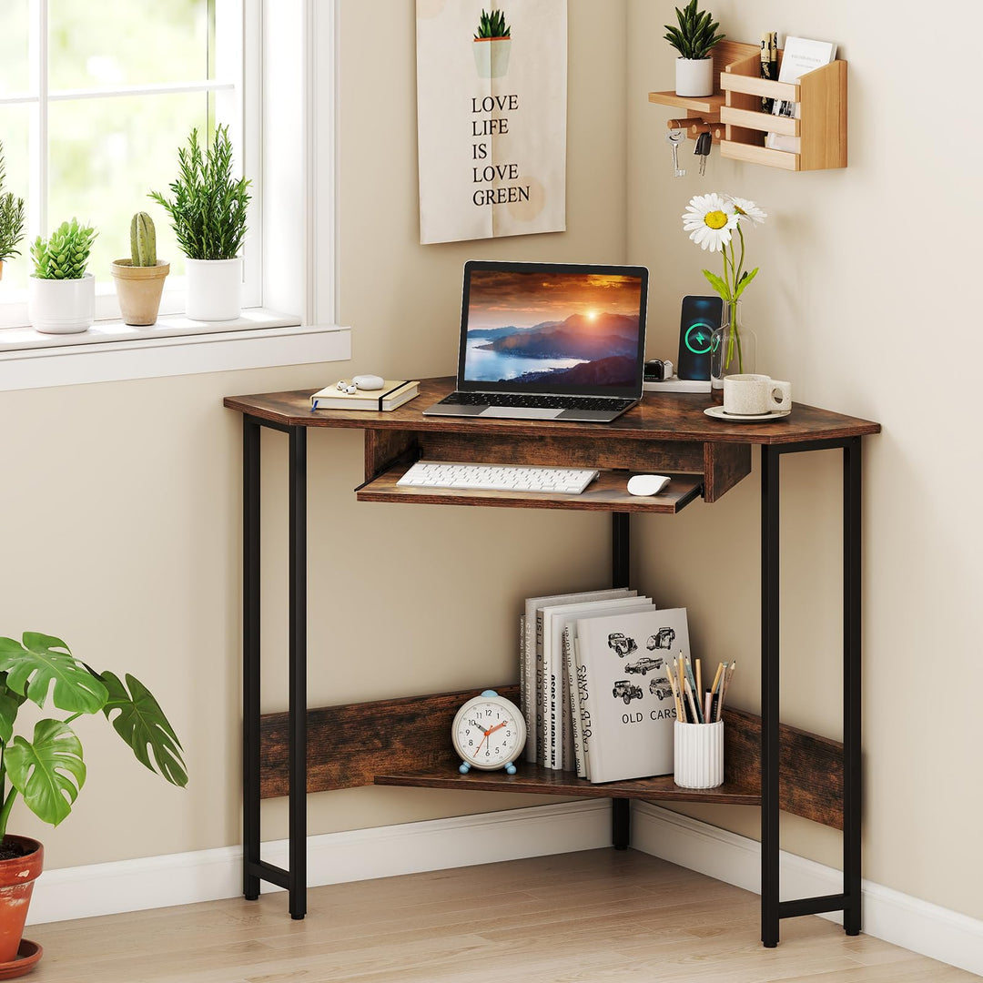 Giantex Small Corner Desk with Charging Station with Keyboard Tray &amp; Storage Shelf