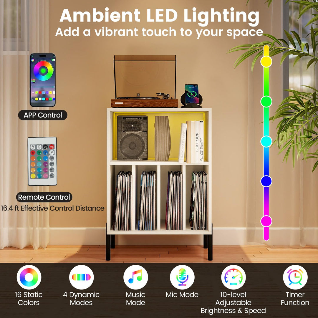Giantex Record Player Stand with LED Lights &amp; Charging Station