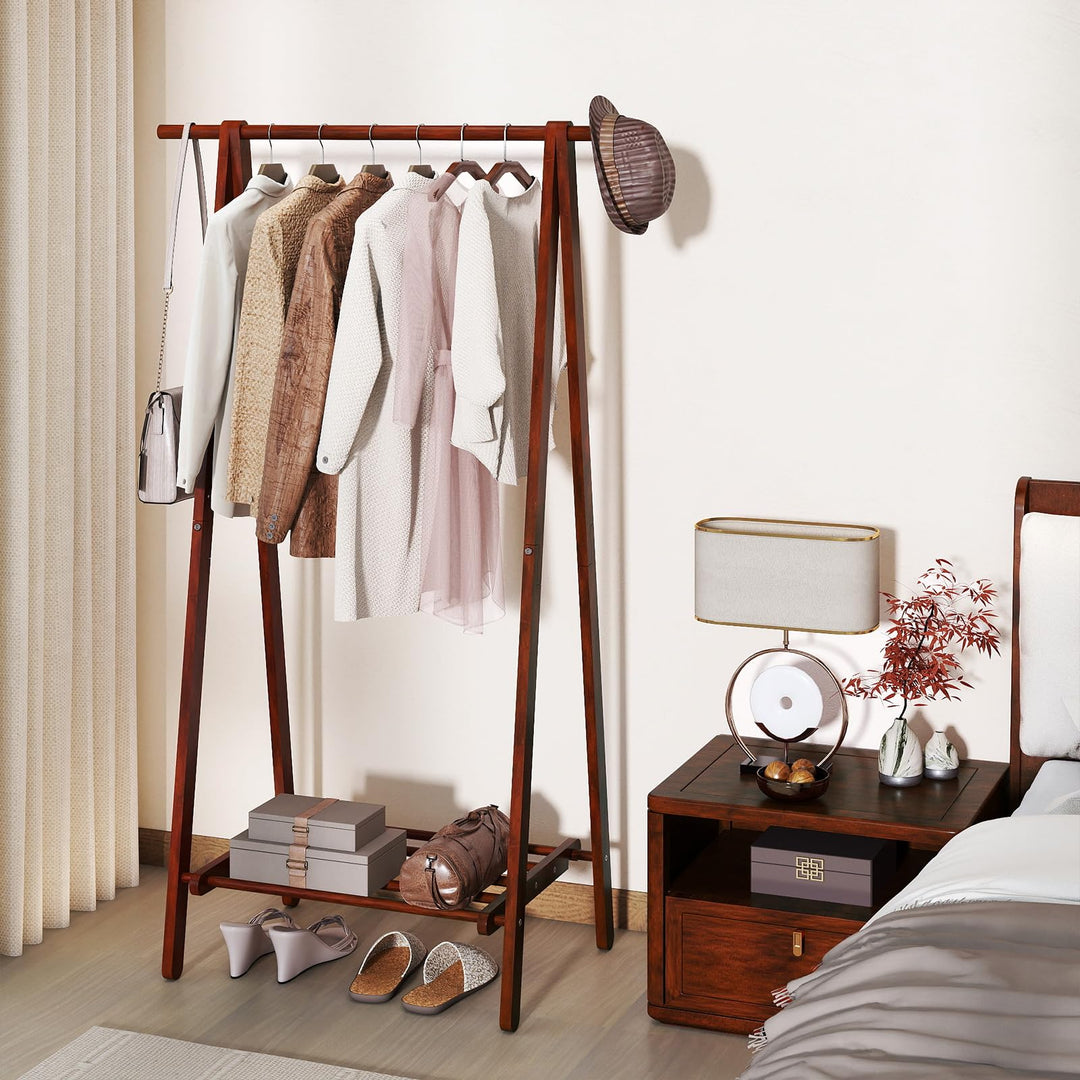 Giantex Folding Rubber Wood Clothes Hanging Rack Standing Garment Rack with Bottom Storage Shelf
