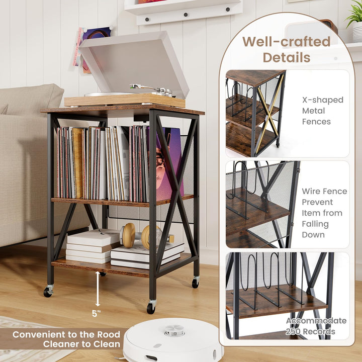 Giantex Record Player Stand with Charging Station, Turntable Stand with Record Storage &amp; 4 Rolling Wheels