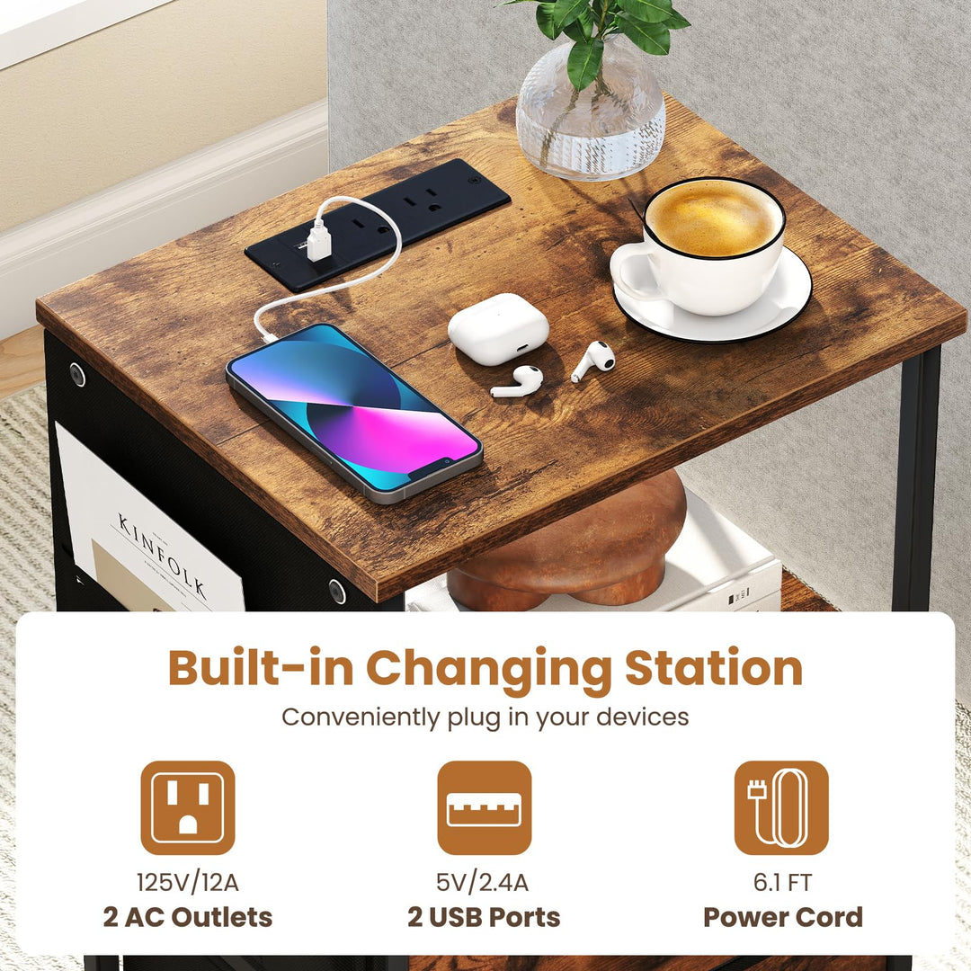Giantex Night Stand with Charging Station | LED Sofa End Table w/2 Folding Fabric Drawers