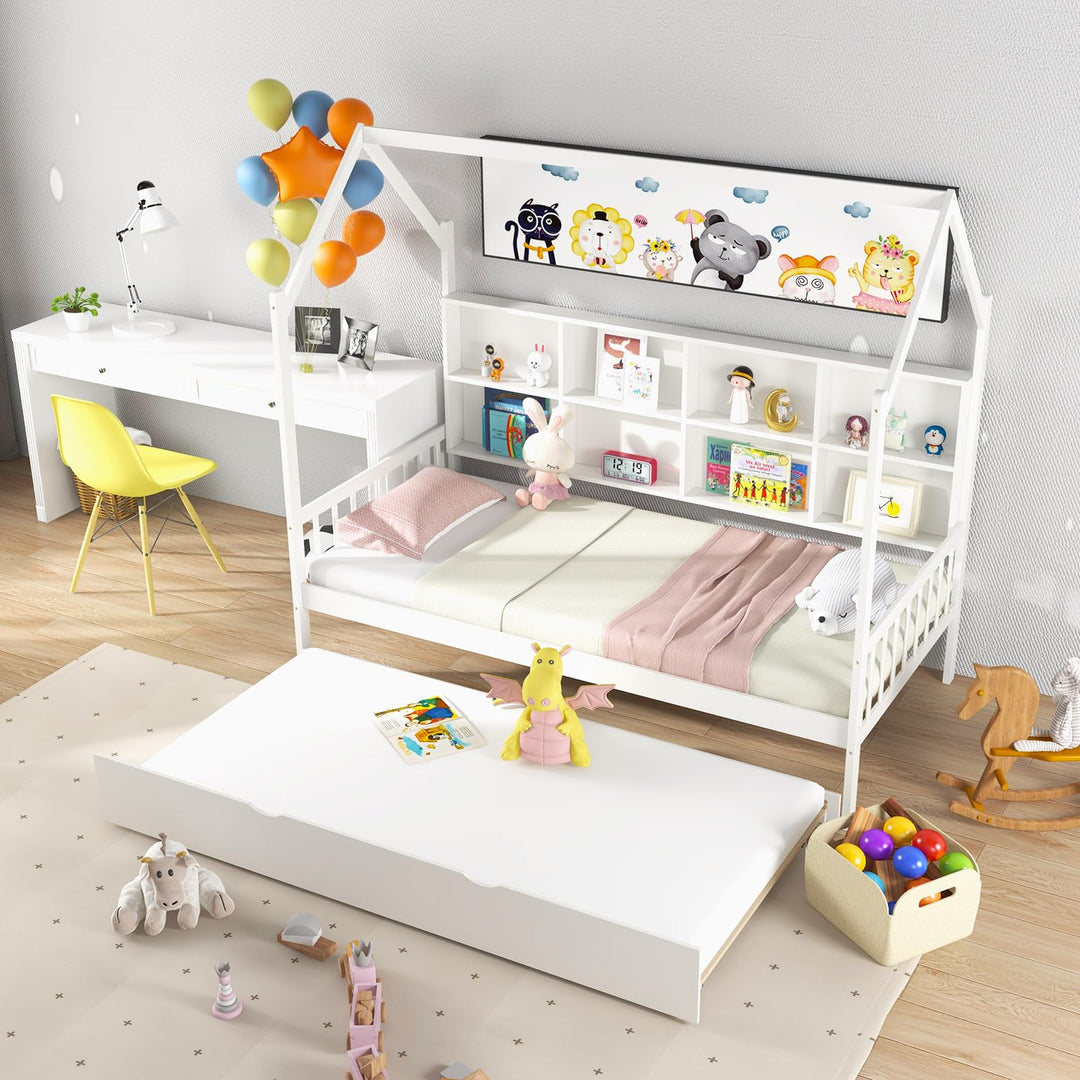 Giantex Twin House Bed with Trundle, Solid Wood Bed Frame with Roof &amp; 8 Cube Bookcase