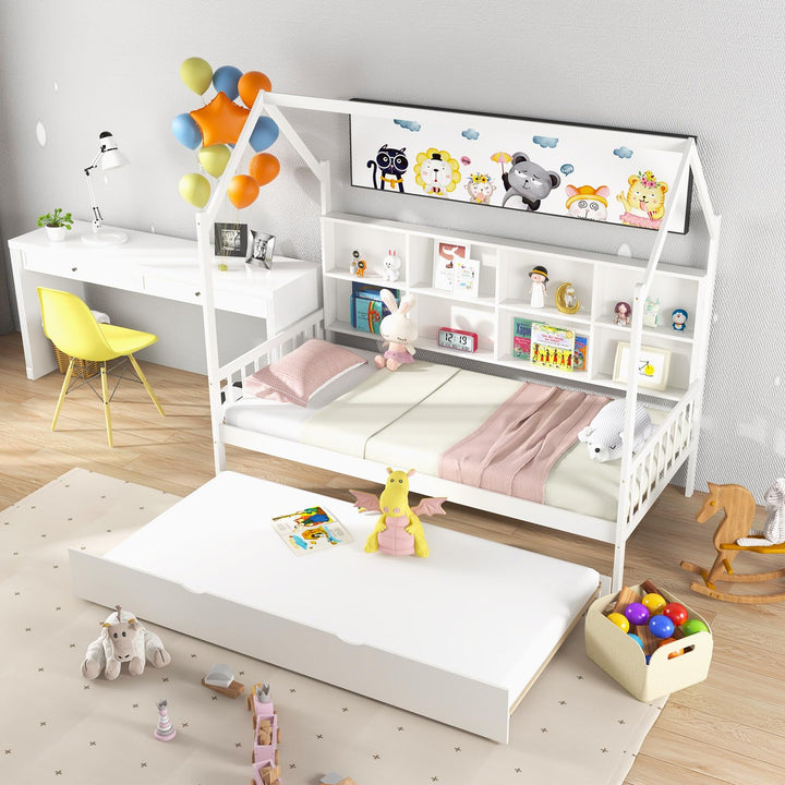 Giantex Twin House Bed with Trundle, Solid Wood Bed Frame with Roof &amp; 8 Cube Bookcase