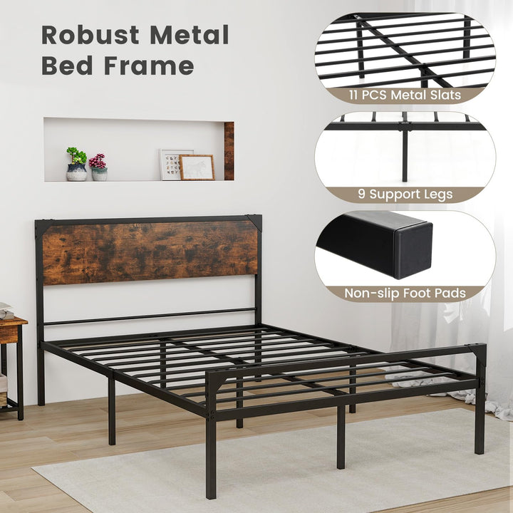 Giantex Full Size Bed Frame with Rustic Headboard &amp; Footboard, Strong Metal Slat Support Mattress Foundation