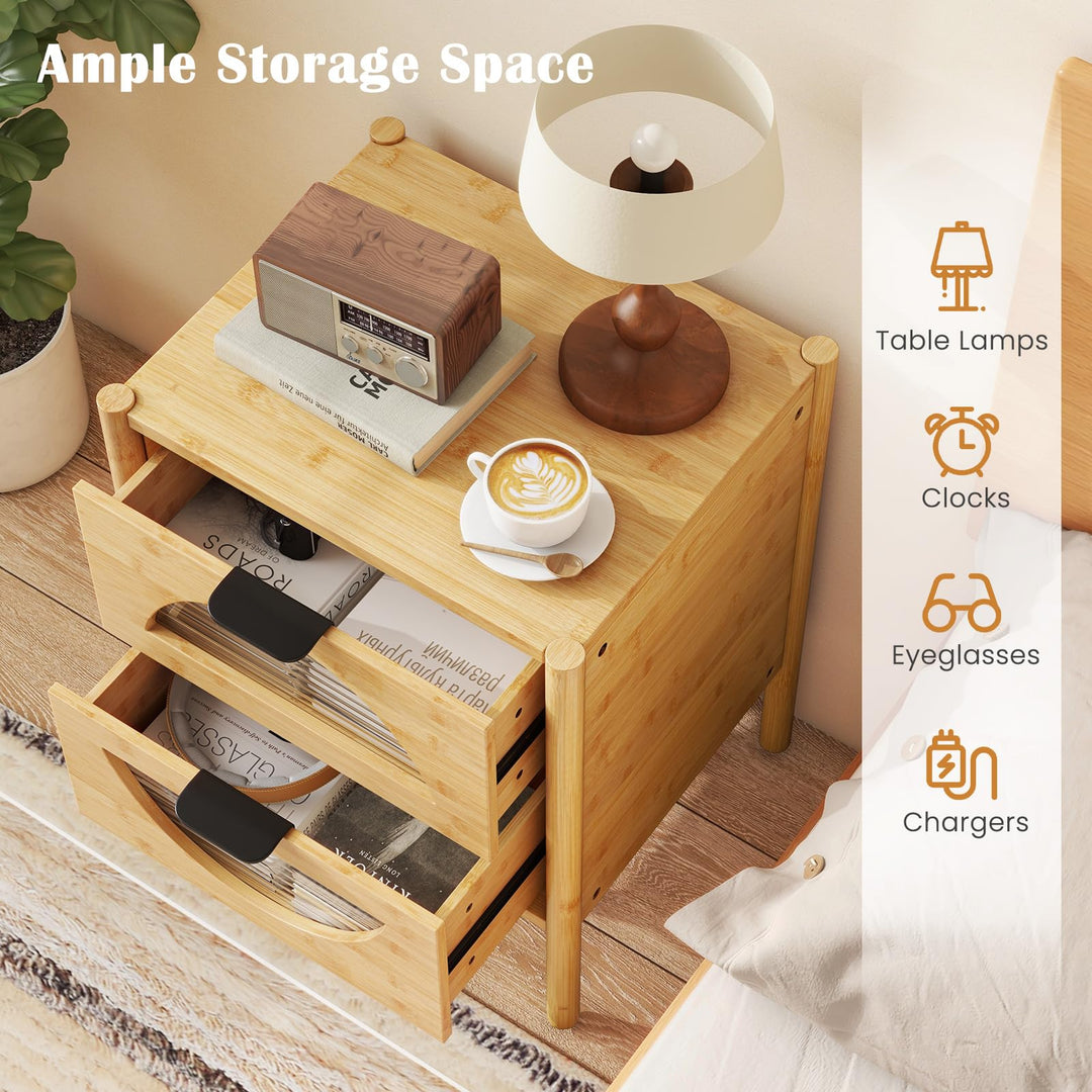 Giantex Bamboo Nightstand, Mid-Century Modern Bedside Table with 2 Storage Drawers &amp; Tempered Glass