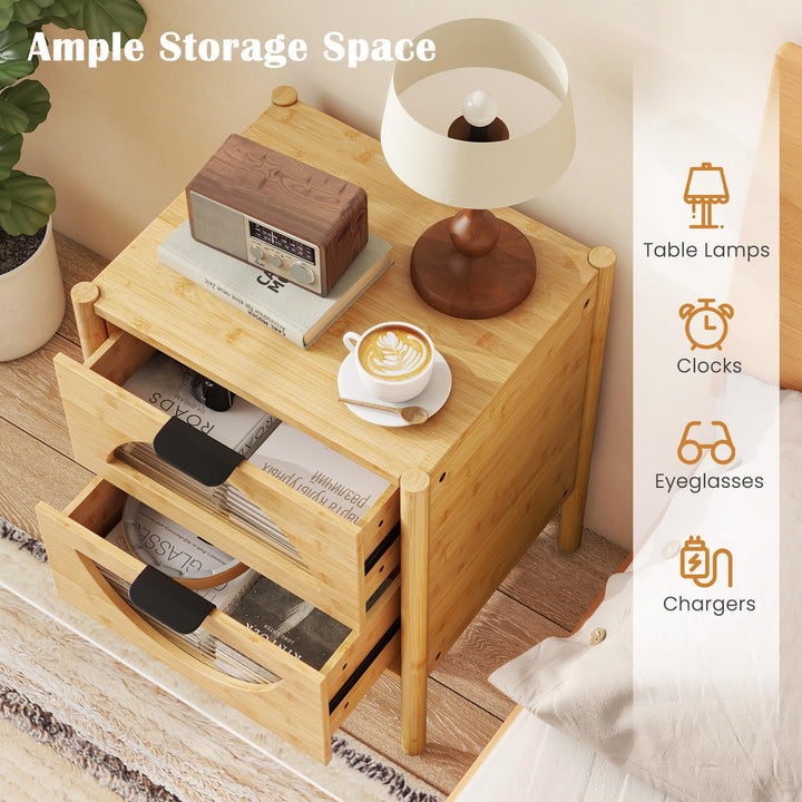 Giantex Bamboo Nightstand, Mid-Century Modern Bedside Table with 2 Storage Drawers &amp; Tempered Glass