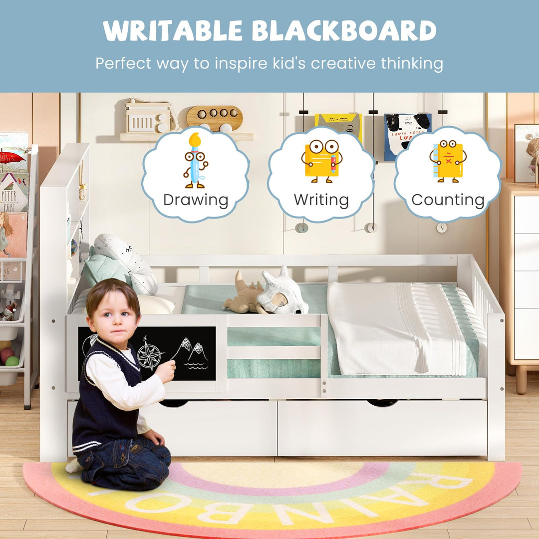 Giantex Full/Twin Size 2 Storage Drawers, Solid Wood Kids Bed Frame w/Bookcase Headboard &amp; Blackboard