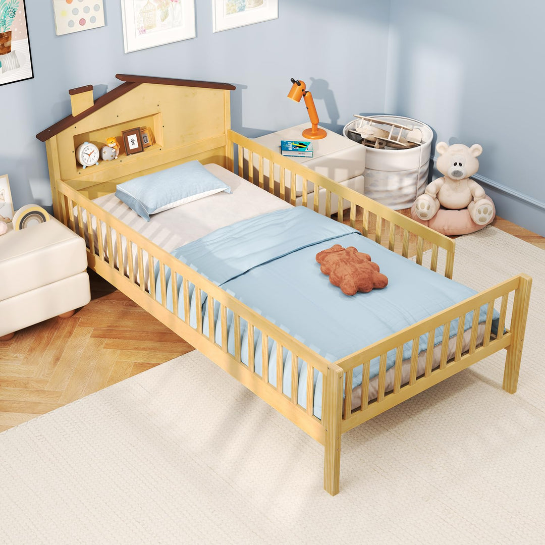 Giantex Twin Bed Frames for Kids, Solid Wood Montessori Bed with House-Shaped Headboard &amp; Built-in Storage Shelf