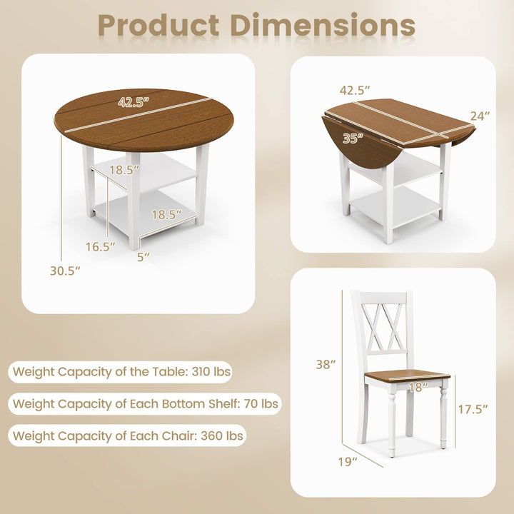Giantex Dining Table Set for 4 w/Drop Leaf Round Kitchen Table &amp; 4 Chairs, Dining Room Table w/Storage