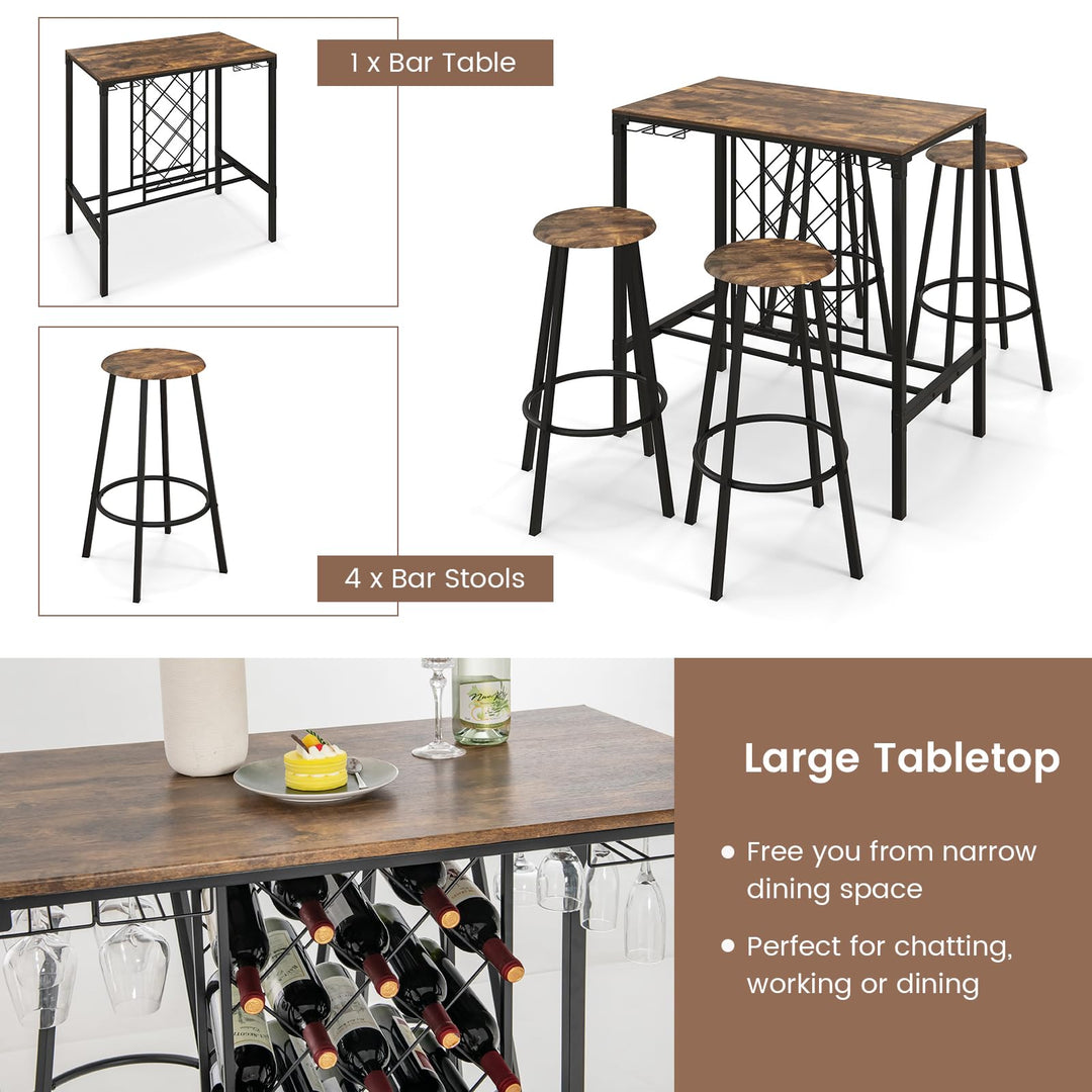 Giantex 5 Pieces Bar Table and Stools Set - Bar Height Table with Stools for 4, Kitchen Table Set with Wine Rack &amp; Glass Holder