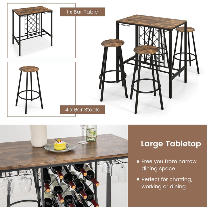 Giantex 5 Pieces Bar Table and Stools Set - Bar Height Table with Stools for 4, Kitchen Table Set with Wine Rack &amp; Glass Holder