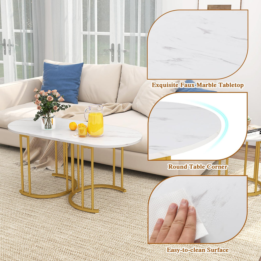 Giantex Nesting Coffee Table Set of 3, Stacking Side Tables with Faux Marble Tabletop &amp; Gold Metal Frame