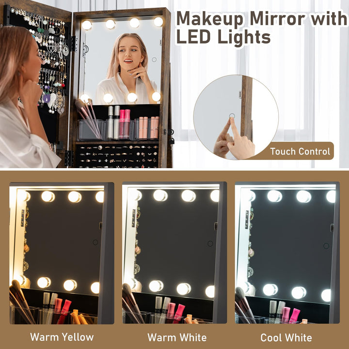 CHARMAID Swivel Jewelry Armoire with Full-Length Mirror &amp; Lighted Makeup Mirror