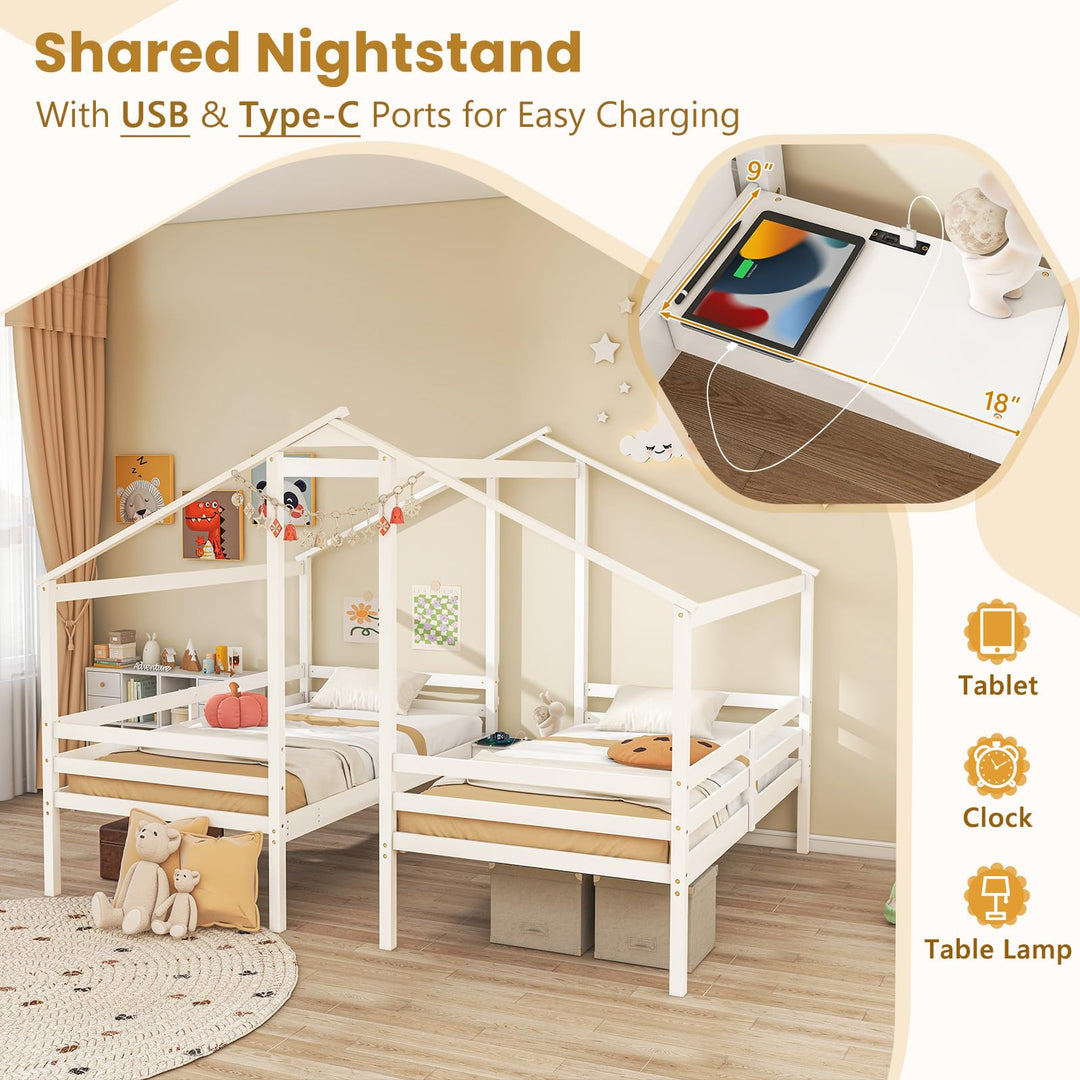 Giantex Double Twin Bed Frames for Kids, Wood House Shaped Platform with Built-in Nightstand &amp; USB Port