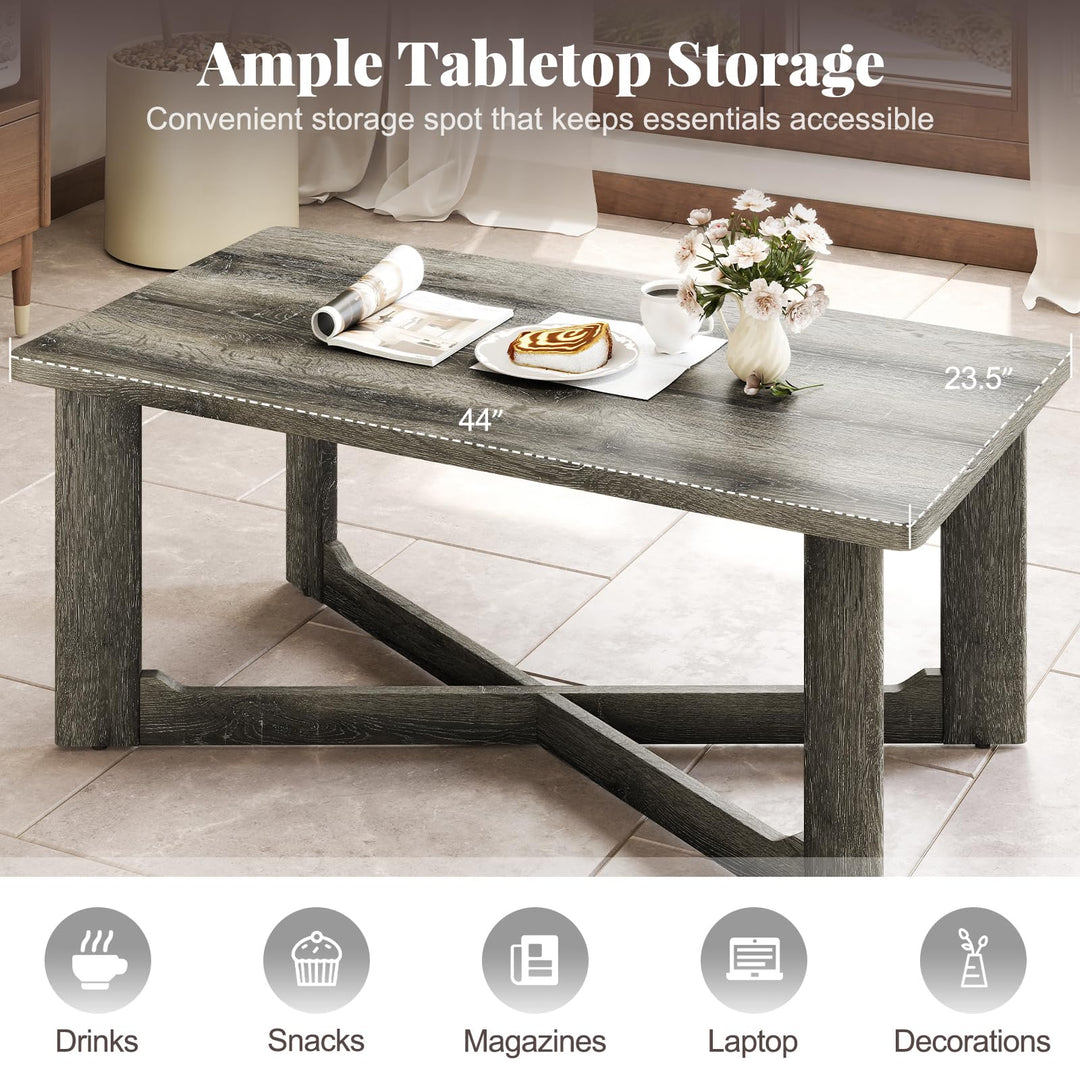 Giantex Farmhouse Wood Coffee Table Rectangle Center Table with X-Shaped Base &amp; Rubber Wood Frame