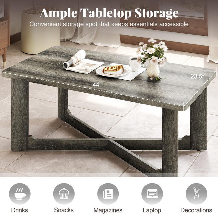Giantex Farmhouse Wood Coffee Table Rectangle Center Table with X-Shaped Base &amp; Rubber Wood Frame