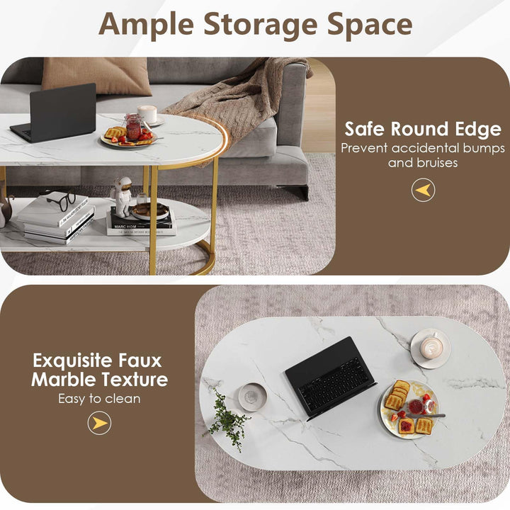 Giantex 2-Tier Coffee Table Oval Center Table with Wood Grain Top &amp; Open Storage Shelf