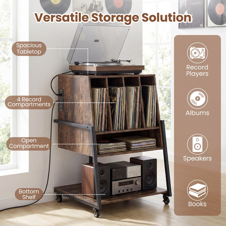 Giantex Record Player Stand on Wheels | 3-Tier Turntable Stand with Charging Station