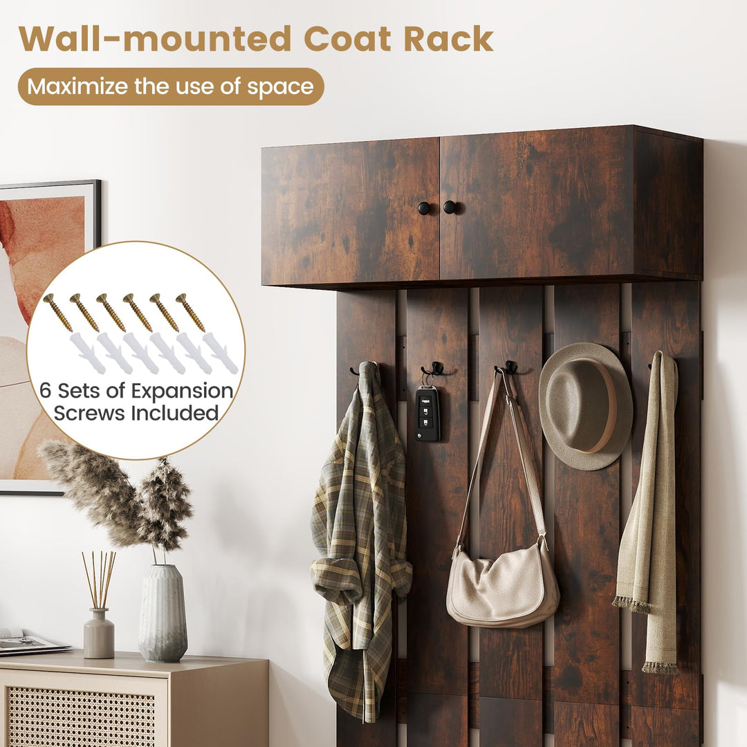 Giantex Wall Mounted Coat Rack 2-in 1 Hall Tree w/ 5 Double Hooks &amp; 2-Door Cabinet
