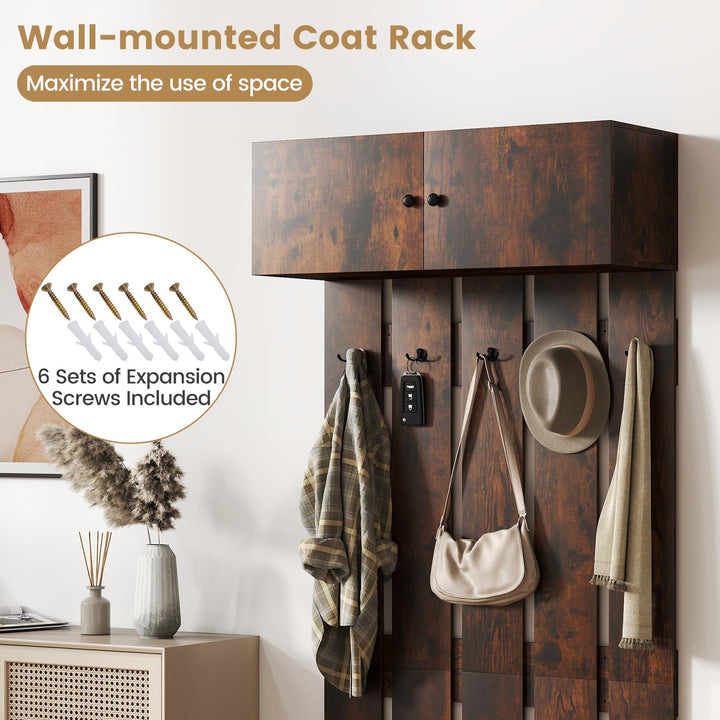 Giantex Wall Mounted Coat Rack 2-in 1 Hall Tree w/ 5 Double Hooks &amp; 2-Door Cabinet