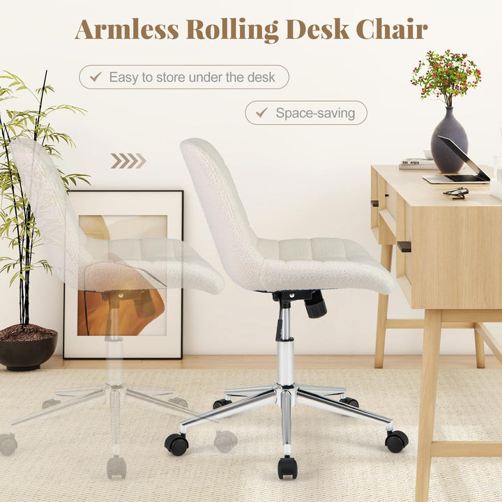 Giantex Armless Office Chair, Modern Faux Fur White Vanity Chair with Wheels &amp; Adjustable Height