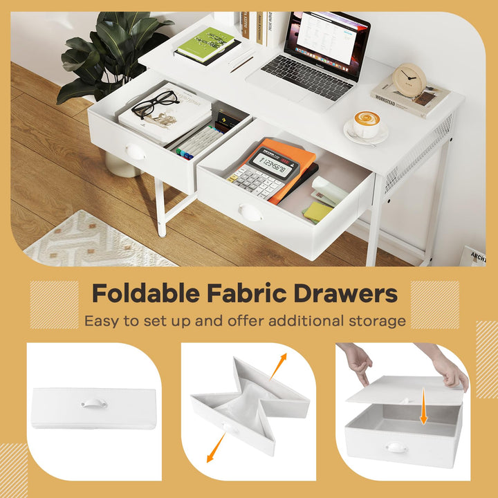 Giantex Small Computer Desk with Fabric Drawers, 36 Inch Home Office Desk with 4 Hanging Hooks &amp; Metal Frame