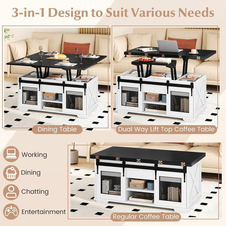 Giantex Lift Top Coffee Table | 41.5" Farmhouse Center Table with 2 Sliding Barn Doors