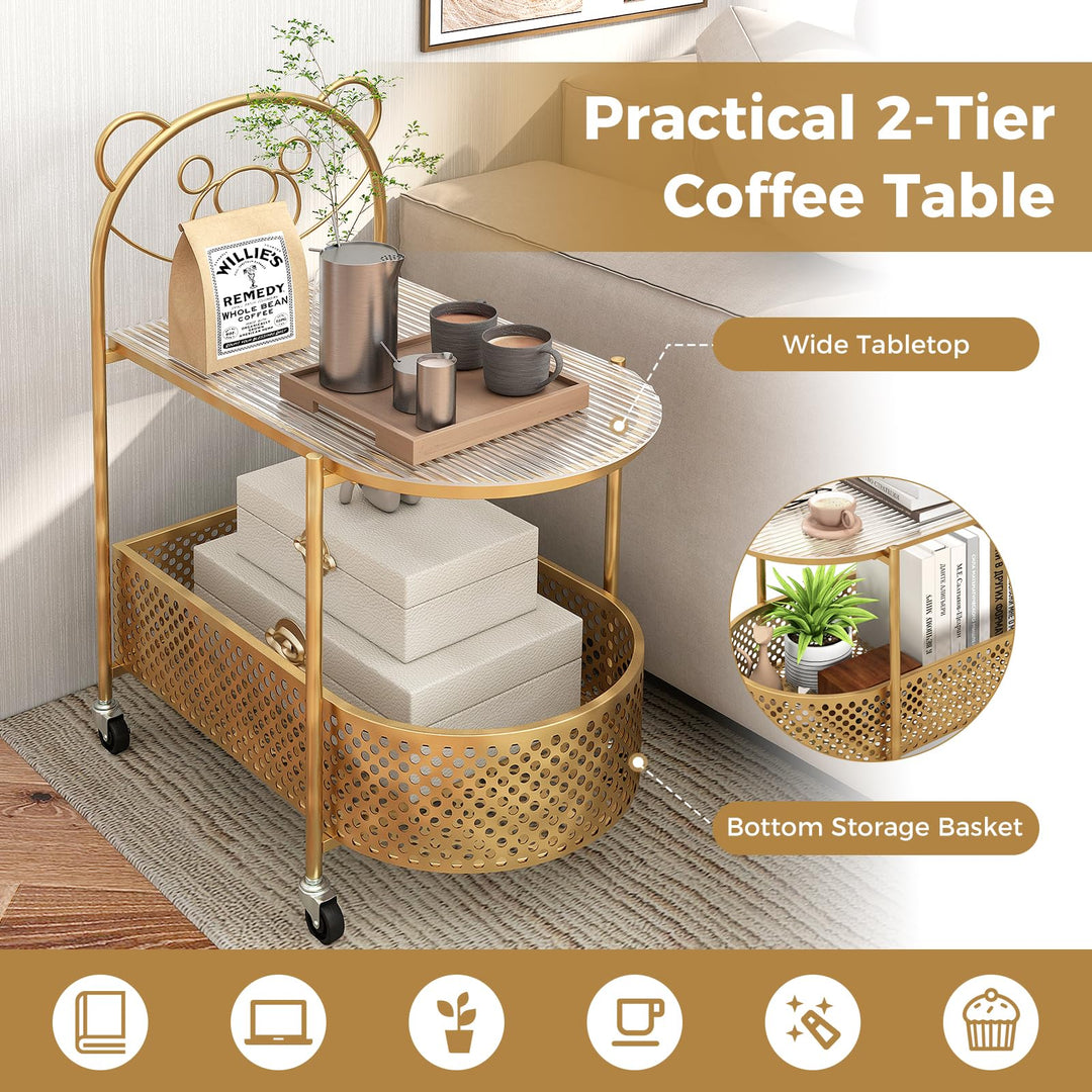 Giantex Mobile Glass Coffee Table, 2-Tier Modern Cocktail Table with Bear Pattern, Storage Basket &amp; Metal Frame
