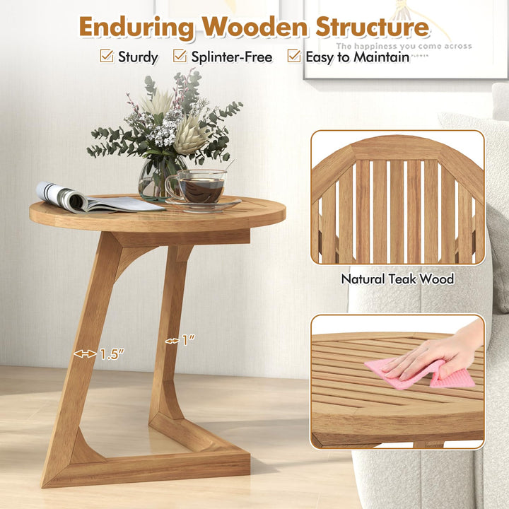 Giantex Teak Wood Outdoor Round Side Table with Slatted Tabletop
