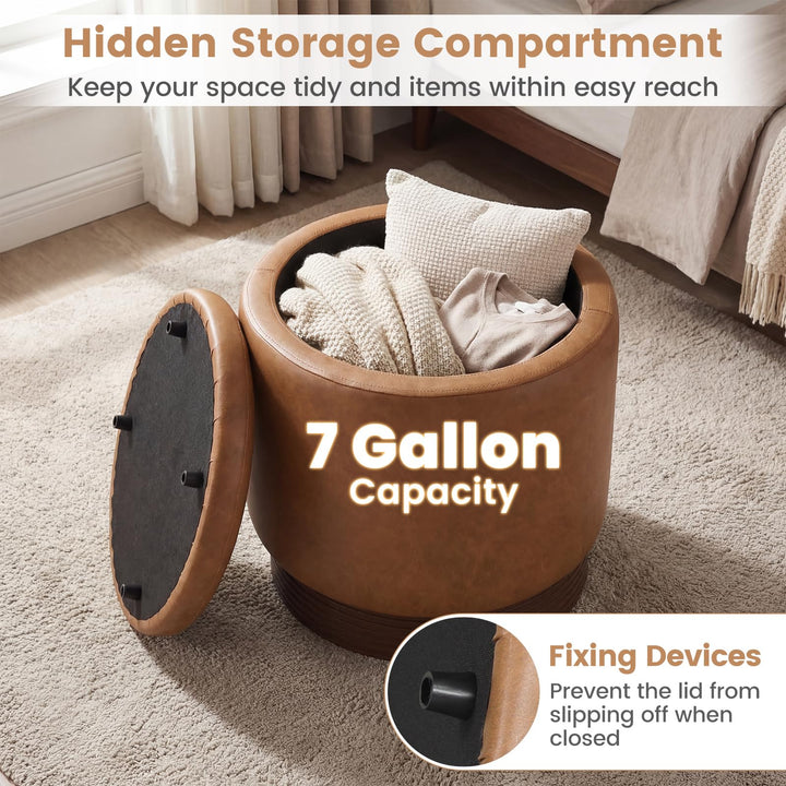 Giantex Round Ottoman with Storage 360° Swivel Faux Leather Vanity Stool