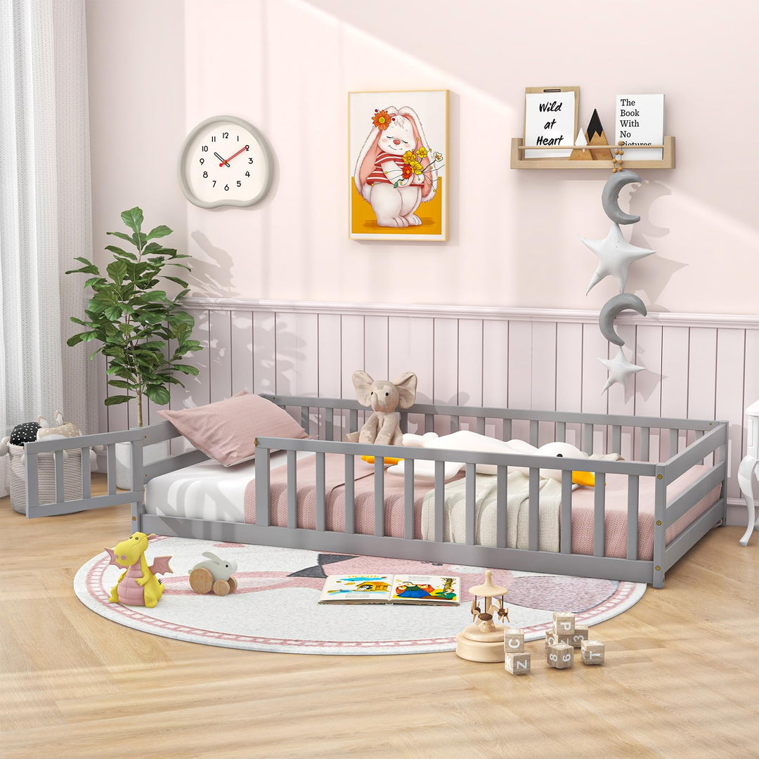 Giantex Twin Floor Bed with Door &amp; Fence, Kids Wood Montessori Bed with Safety Guardrails