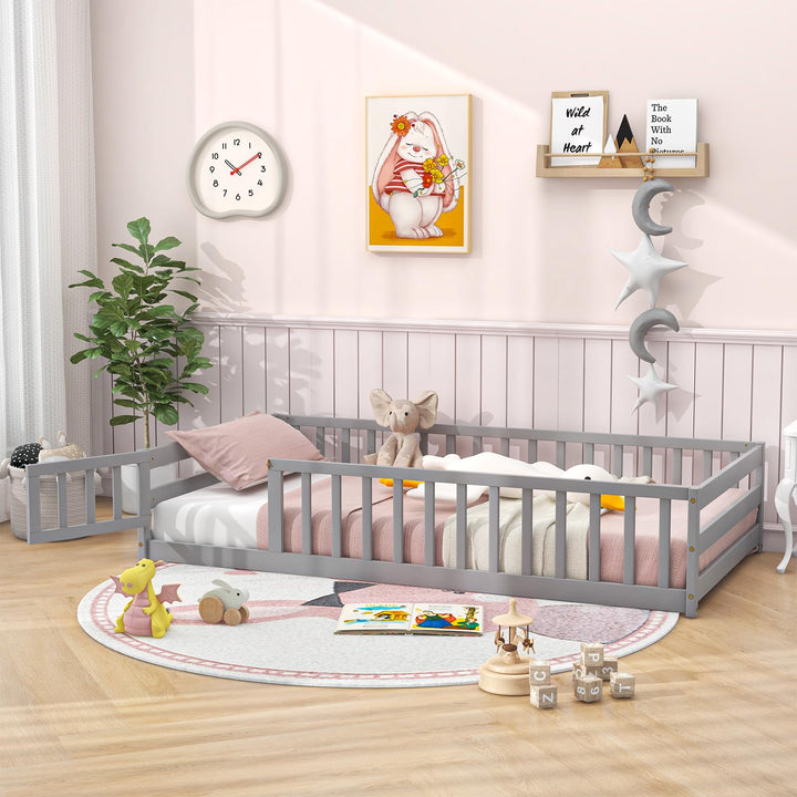 Giantex Twin Floor Bed with Door &amp; Fence, Kids Wood Montessori Bed with Safety Guardrails